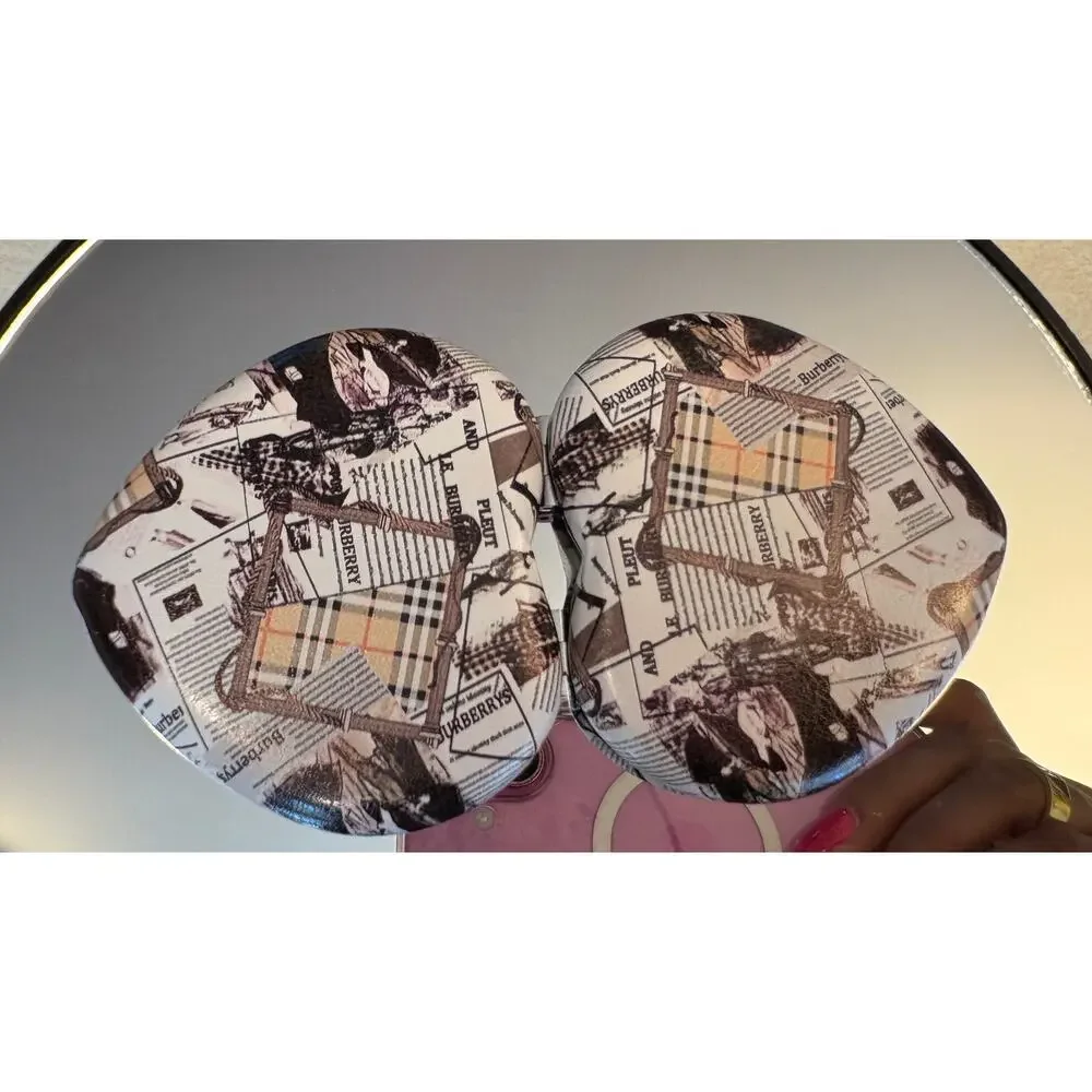 COMPACT MIRROR: Heart-Shaped White, Black, Beige, & Red w/Newspaper Design, NWOT